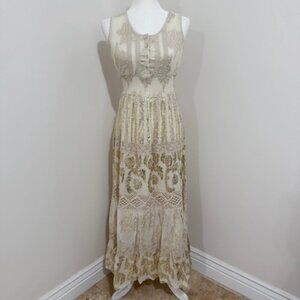 Me 2 Magic Anthropologie Tan Gold Lurex Crochet Accents Maxi Dress Size S NWT